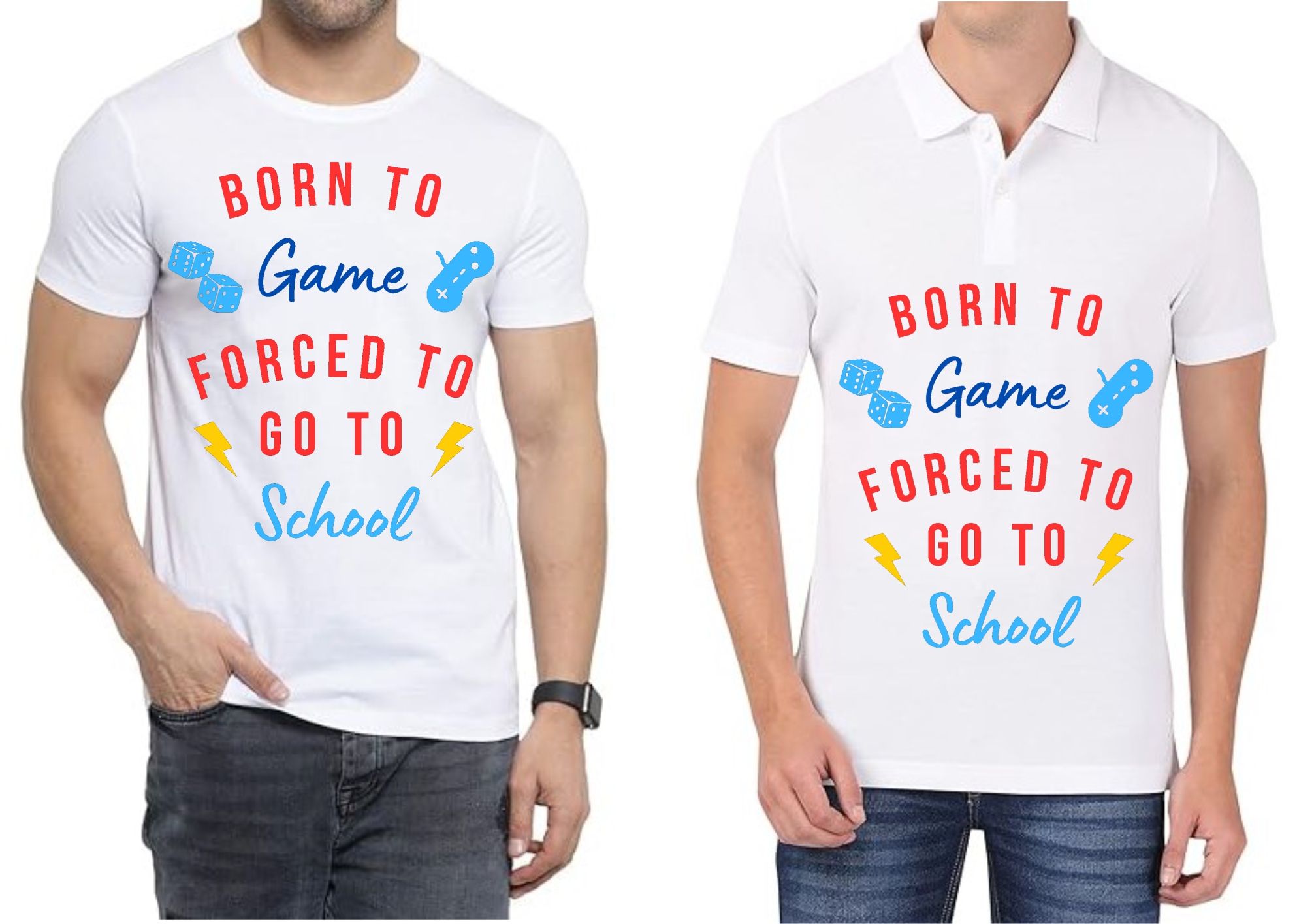 Born to Game forced to School Polo/ Round Neck Men White T-Shirt
