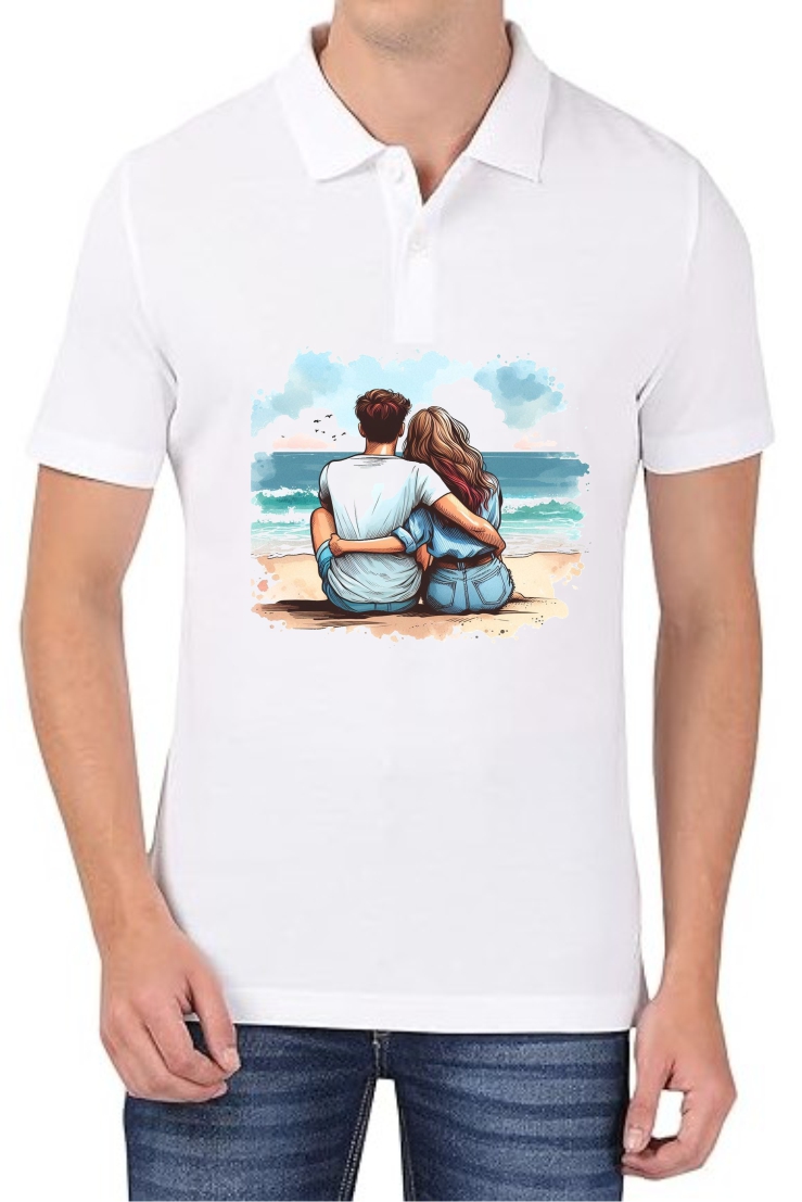 Beach Couple Polo Men White T-Shirt