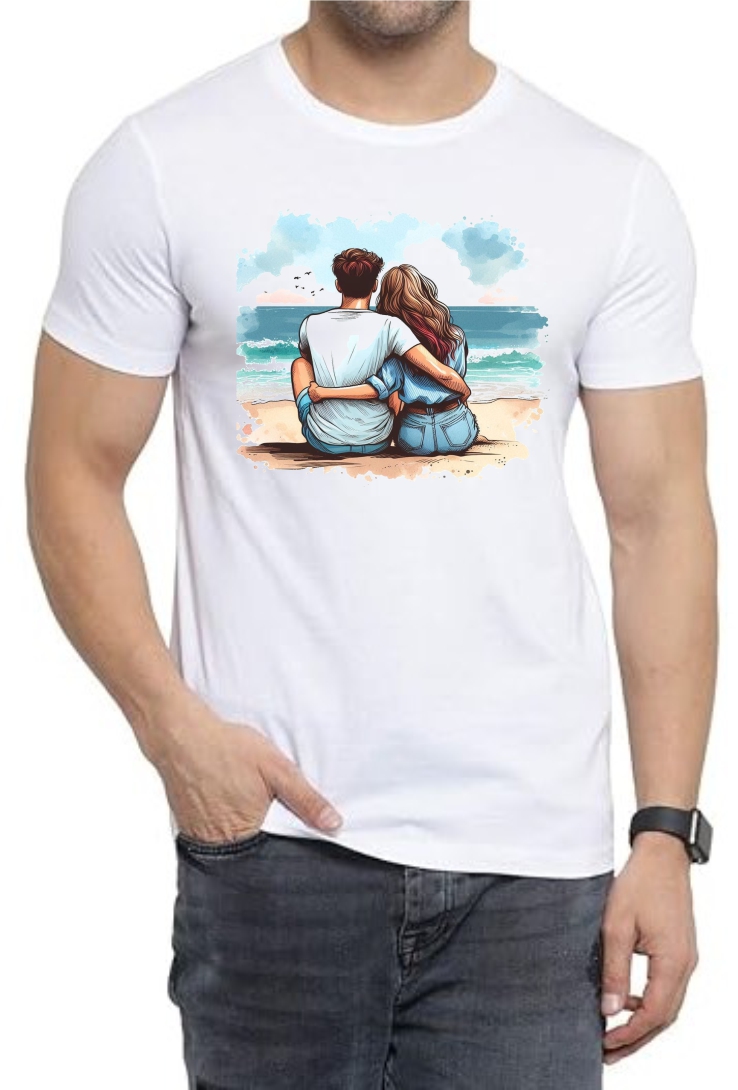 Beach Couple Round Neck Men White T-Shirt
