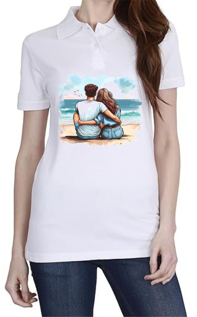 Beach Couple Polo Women White T-Shirt