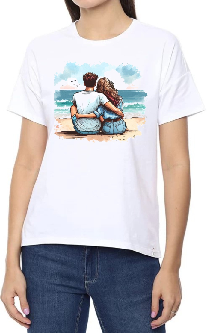Beach Couple Round Neck Women White T-Shirt