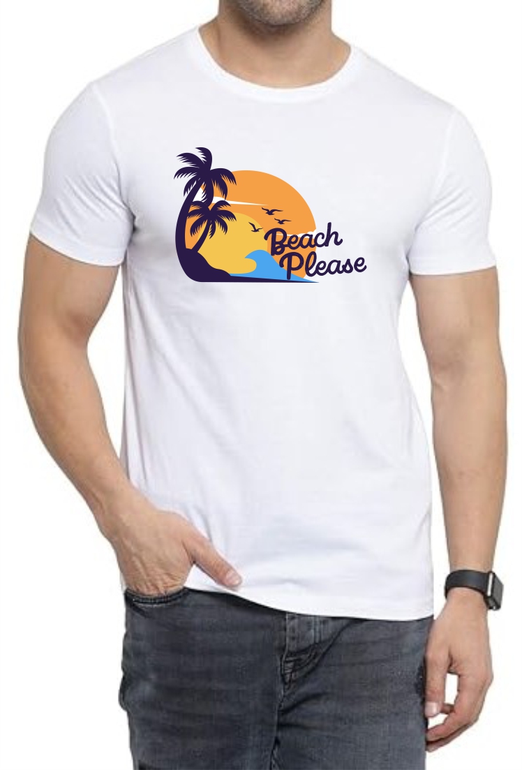 Beach Please Round Neck Men White T-Shirt