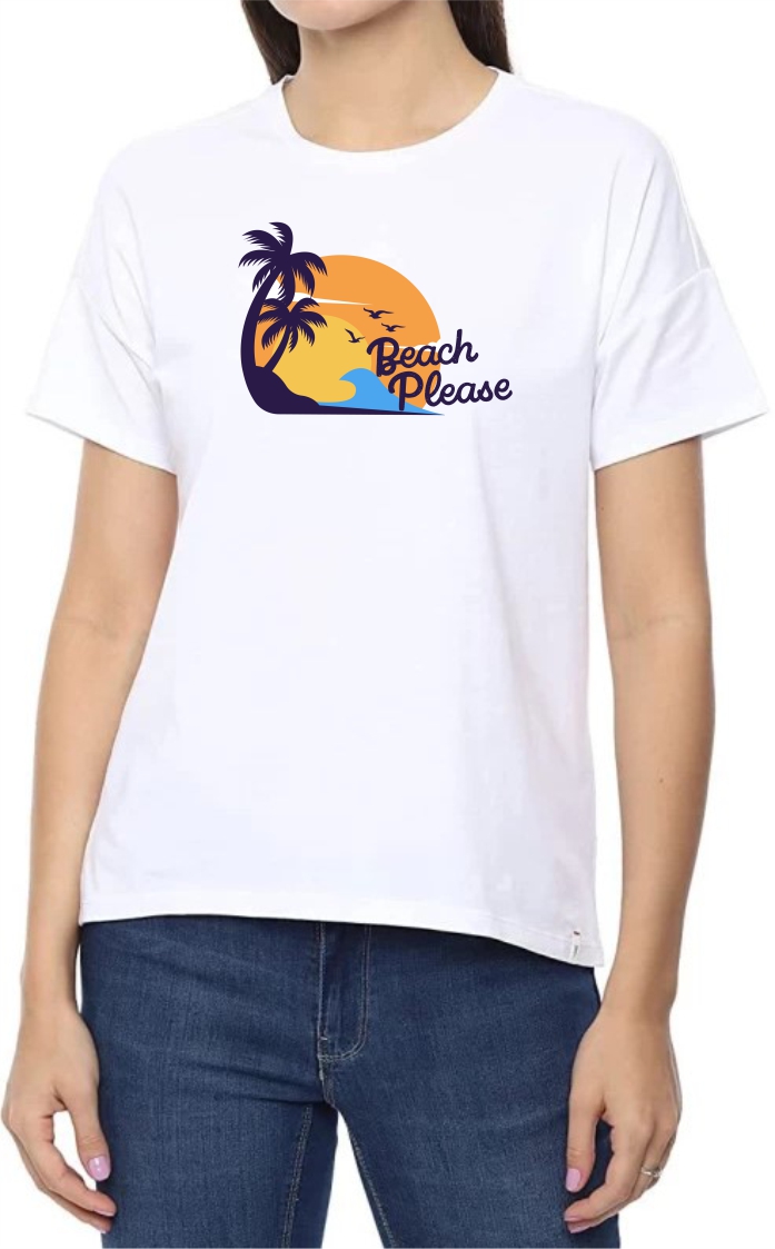 Beach Please Round Neck Women White T-Shirt