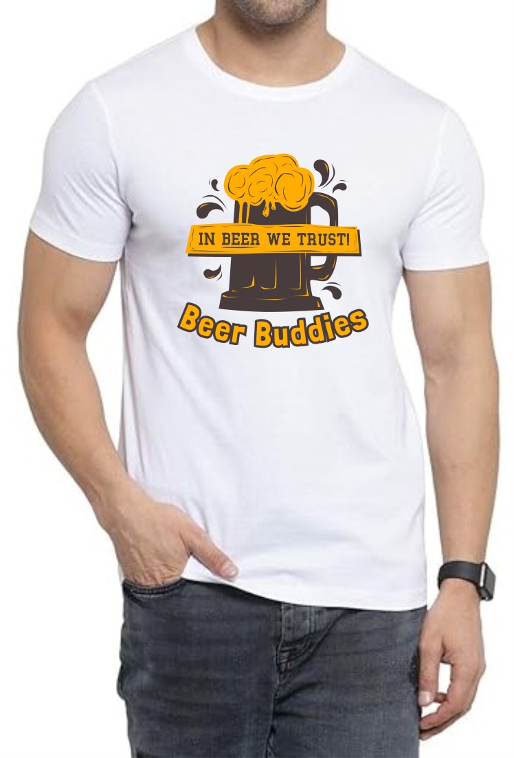 Beer Buddies Round Neck Men White T-Shirt