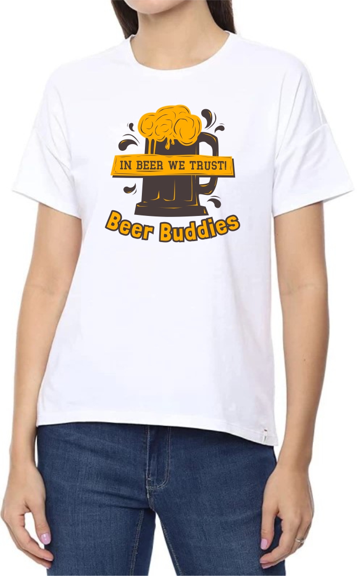 Beer Buddies Round Neck Women White T-Shirt