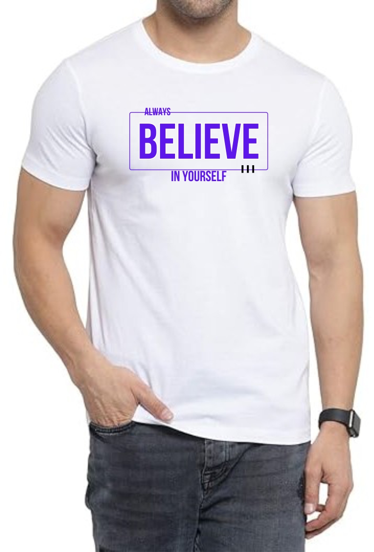 Believe in Urself (BLU) Round Neck Men White T-Shirt