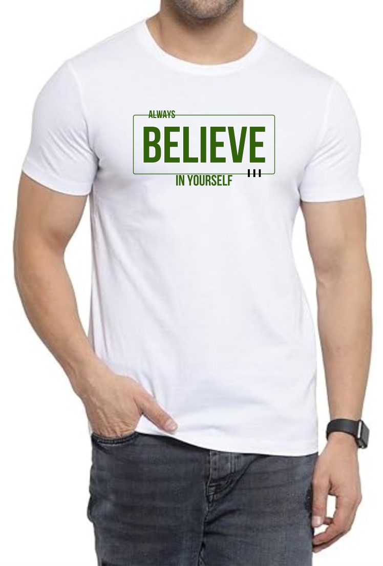 Believe in Urself (GREEN) Round Neck Men White T-Shirt
