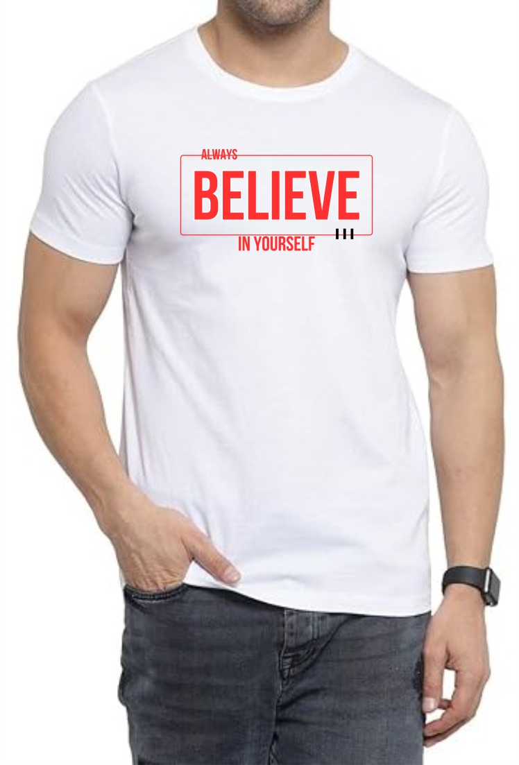 Believe in Urself (RED) Round Neck Men White T-Shirt