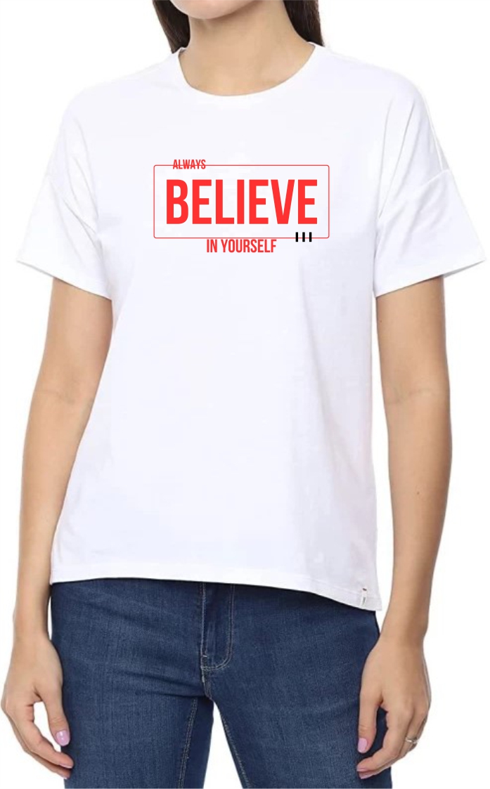 Believe in Urself (RED) Round Neck Women White T-Shirt
