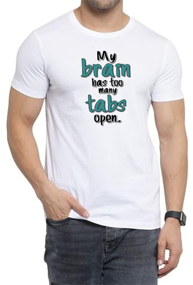 Brain Tabs Round Neck Men White T-Shirt