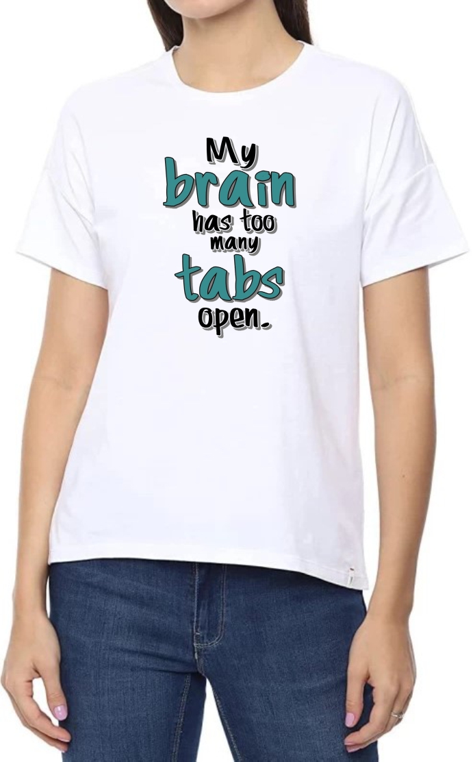 Brain Tabs Round Neck Women White T-Shirt