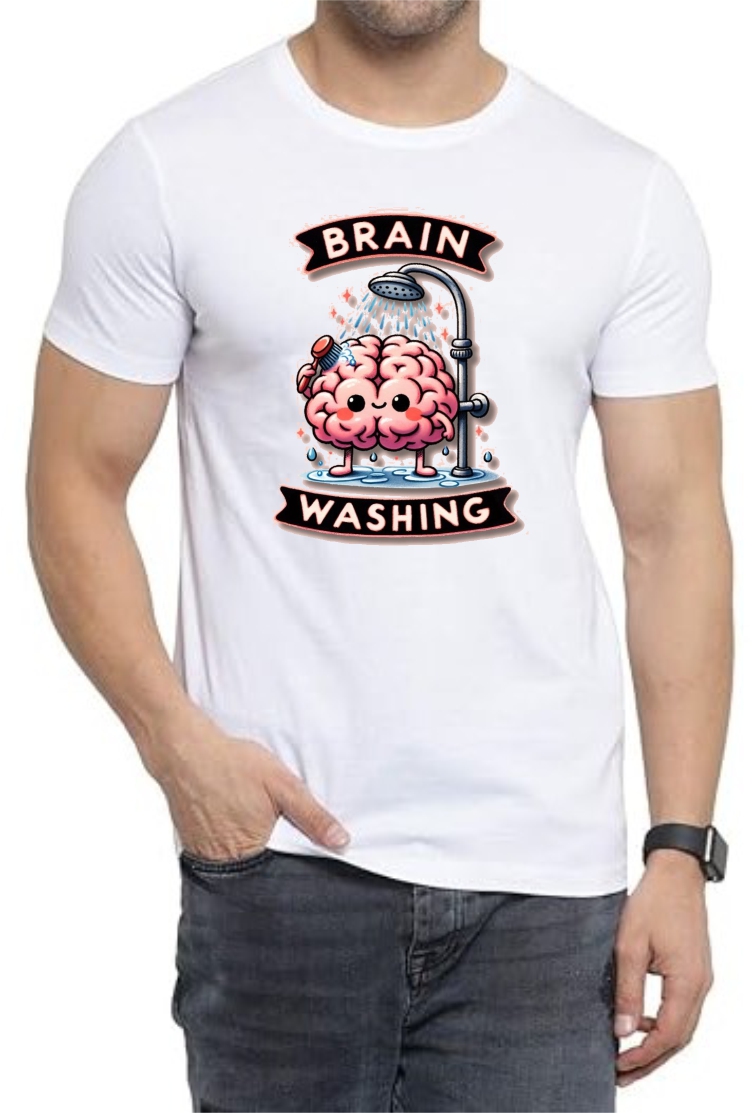 Brain Washing Round Neck Men White T-Shirt