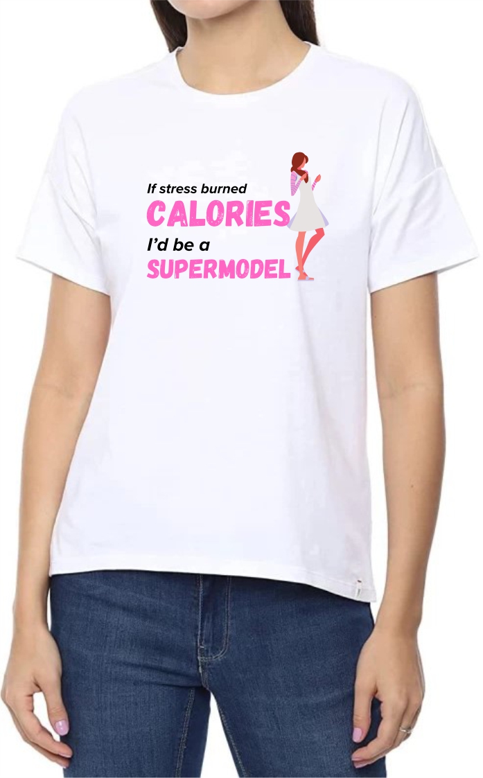 Calories (BLK-Pink) Round Neck Women White T-Shirt