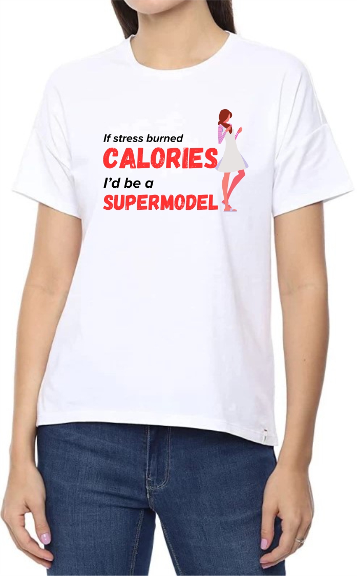 Calories (BLK-Red) Round Neck Women White T-Shirt