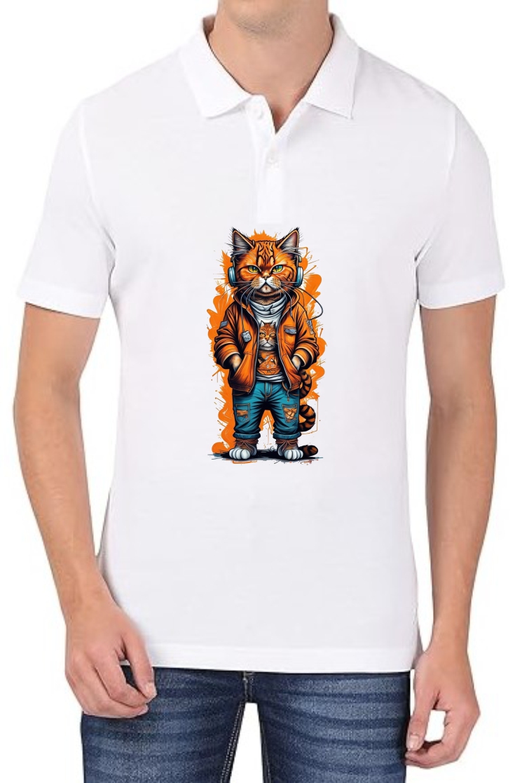 Cat Face Polo Men White T-Shirt