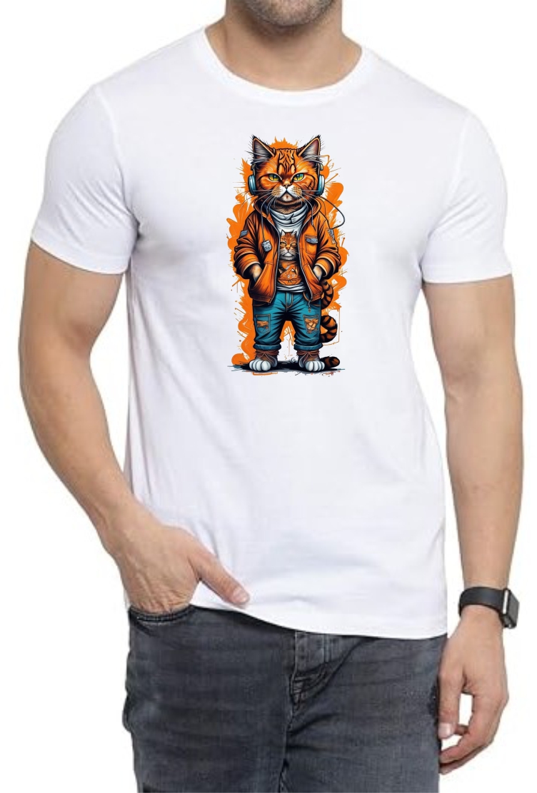 Cat Face Round Neck Men White T-Shirt