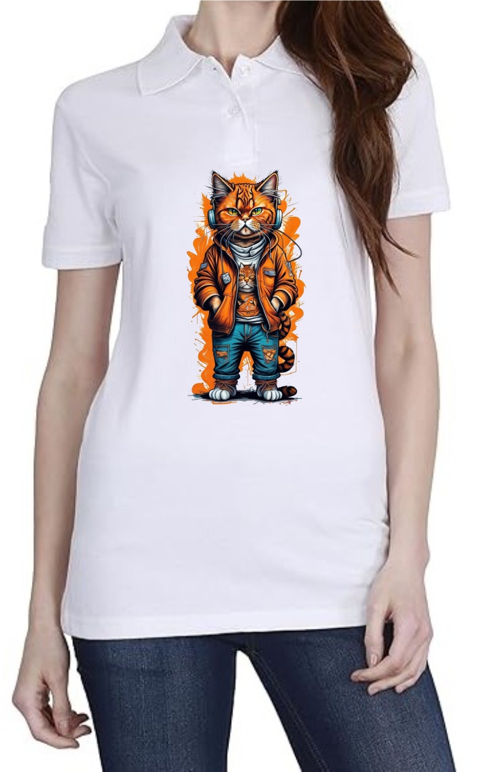 Cat Face Polo Women White T-Shirt