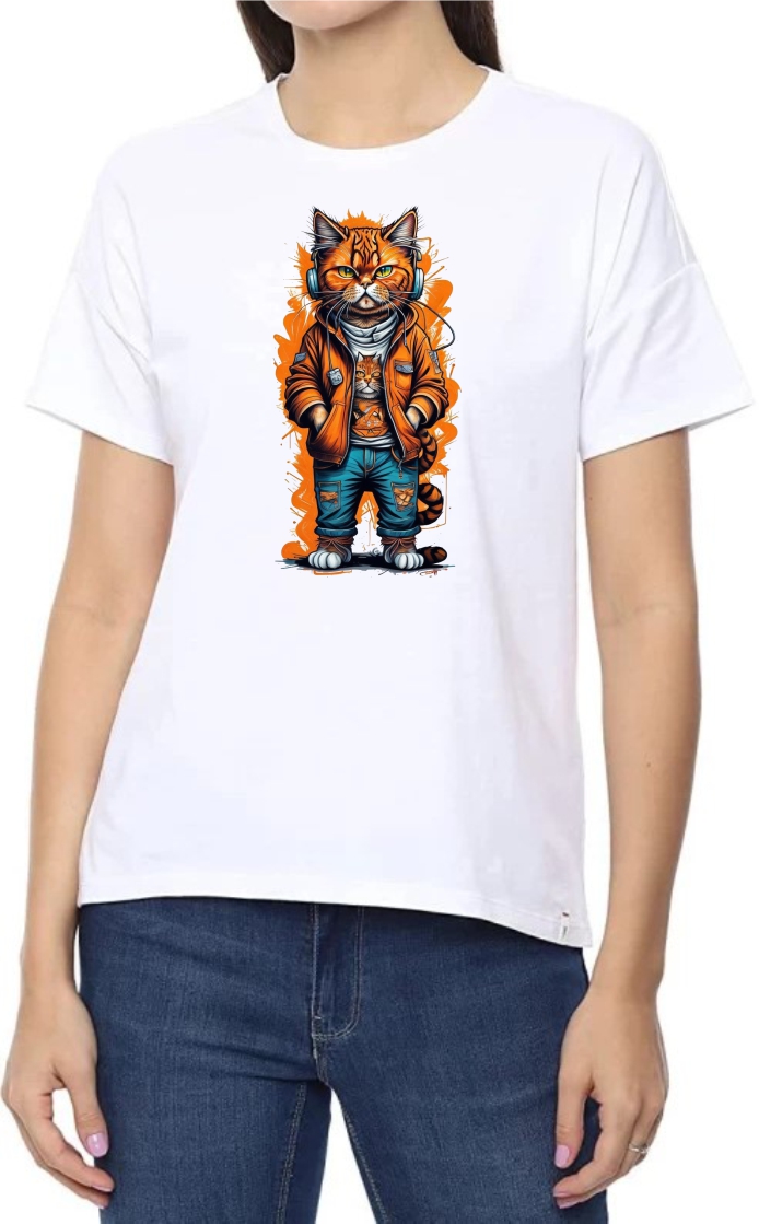 Cat Face Round Neck Women White T-Shirt