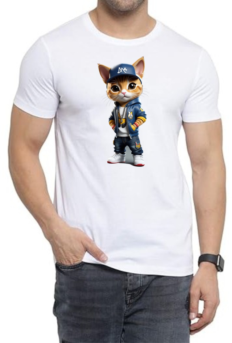 Cat Swag Round Neck Men White T-Shirt