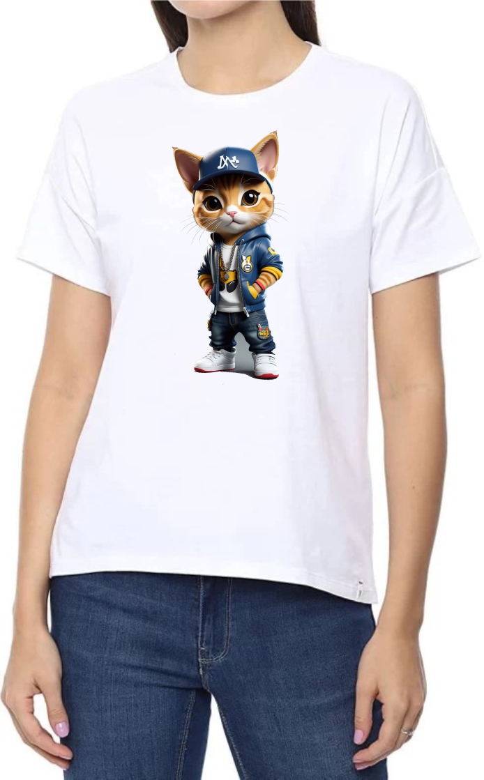 Cat Swag Round Neck Women White T-Shirt
