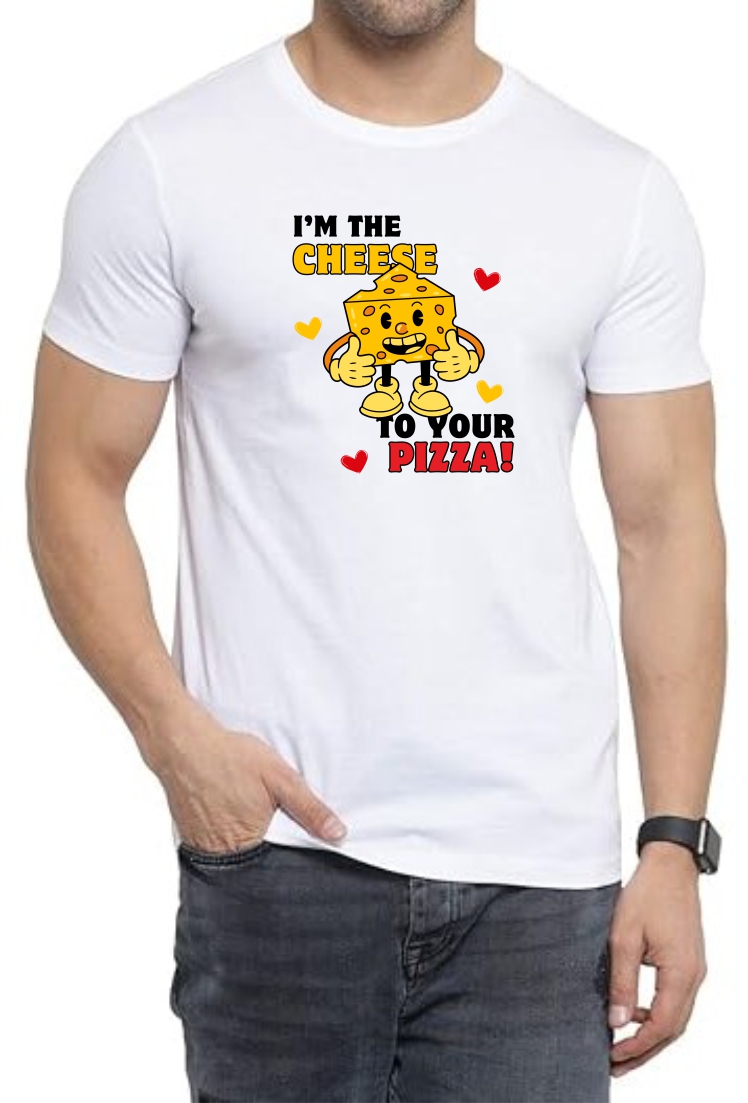 Cheese to Pizza1 Round Neck Men White T-Shirt