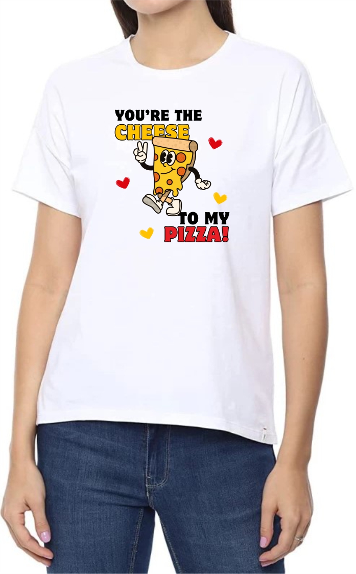 Cheese to Pizza Round Neck Women White T-Shirt