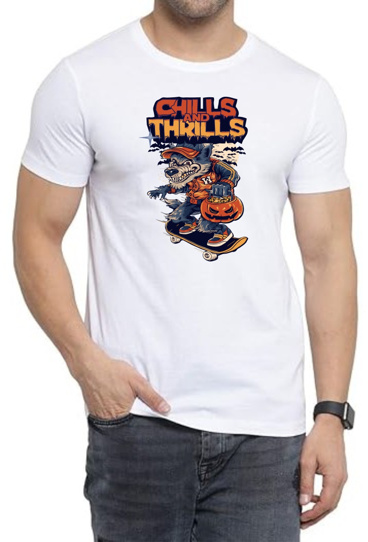 Chills Thrills Round Neck Men White T-Shirt
