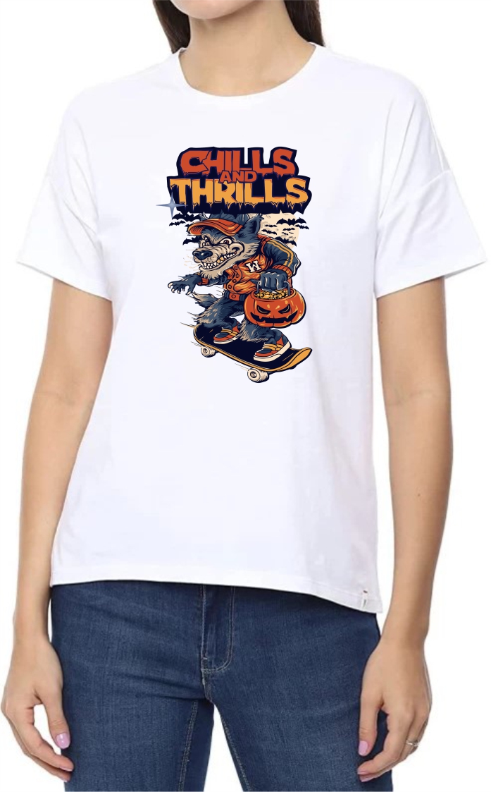 Chills Thrills Round Neck Women White T-Shirt