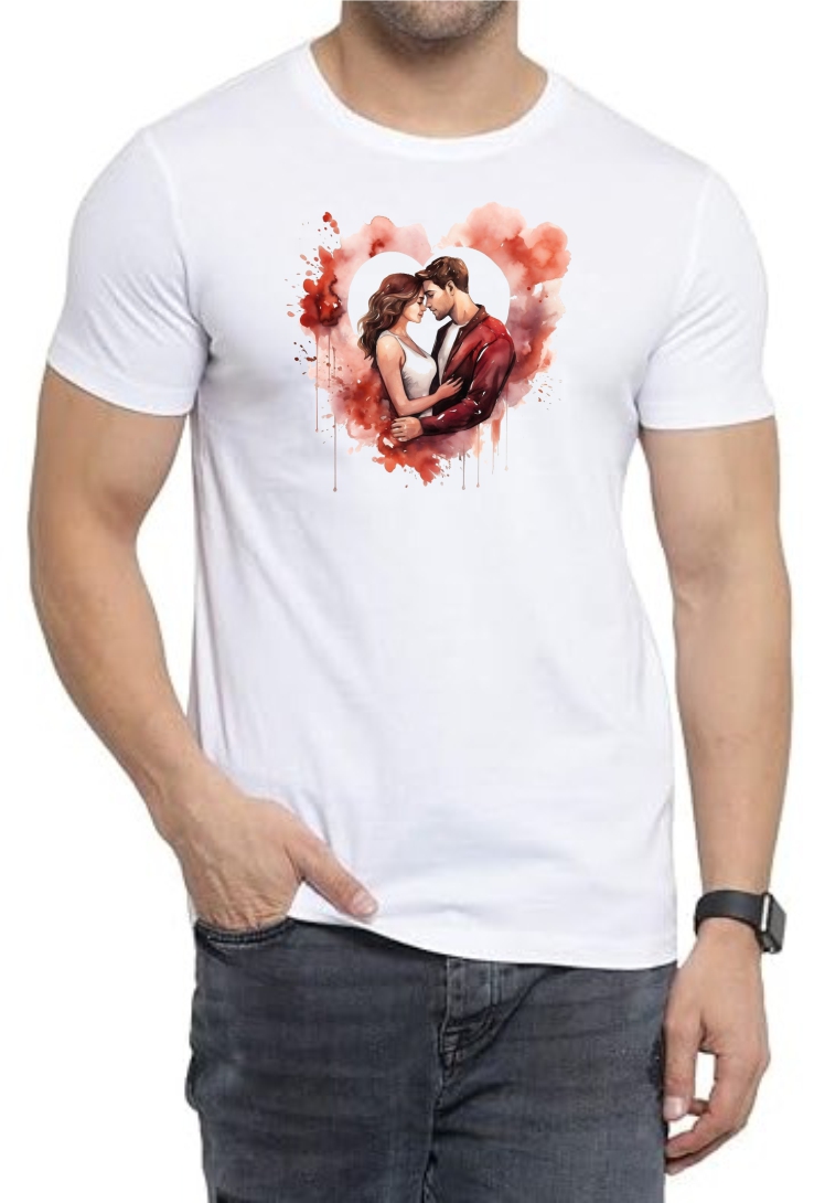 Couple Heart2 Round Neck Men White T-Shirt