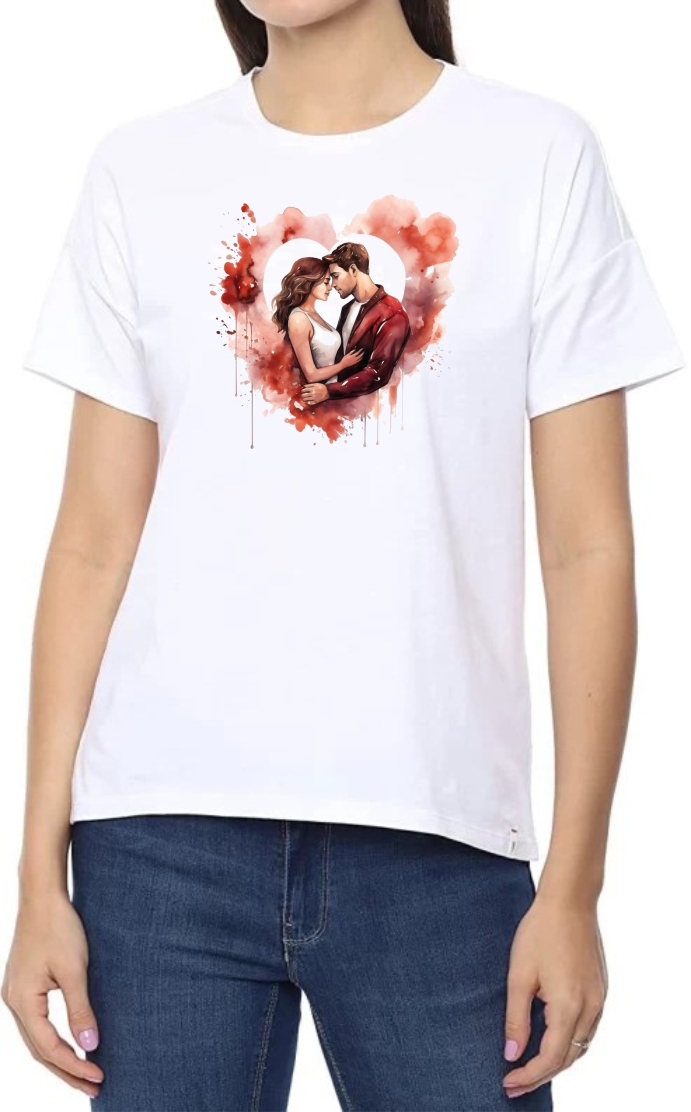 Couple Heart2 Round Neck Women White T-Shirt