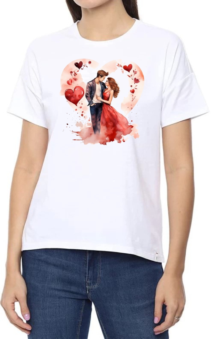 Couple Heart Round Neck Women White T-Shirt
