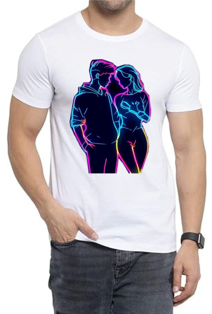 Couple Hug Round Neck Men White T-Shirt