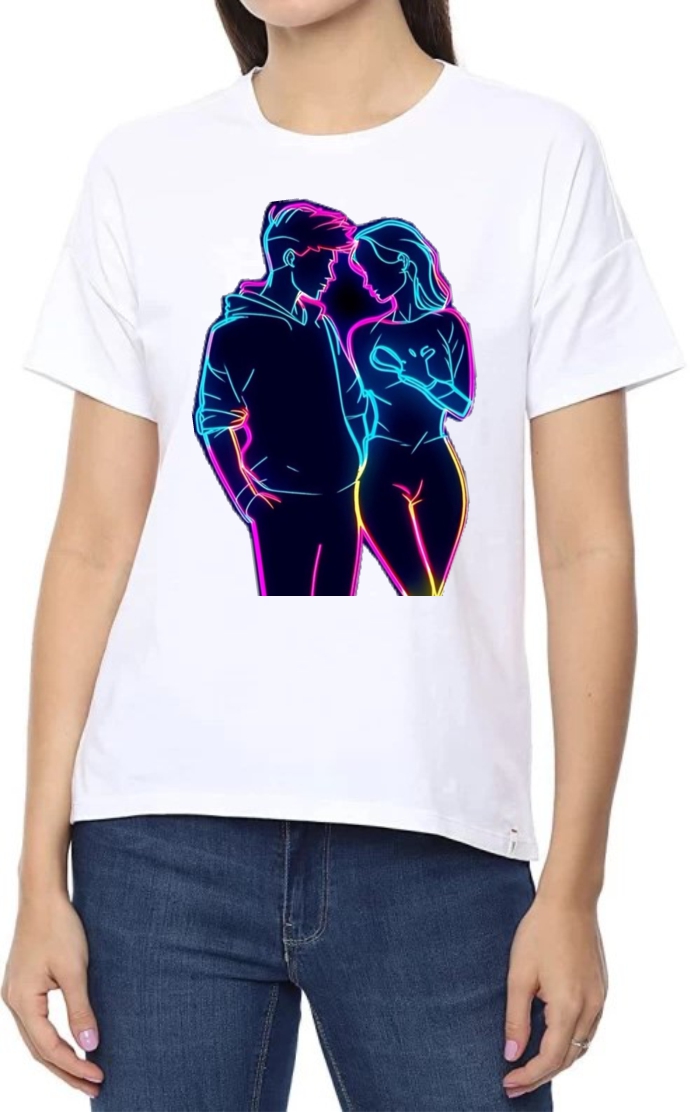 Couple Hug Round Neck Women White T-Shirt