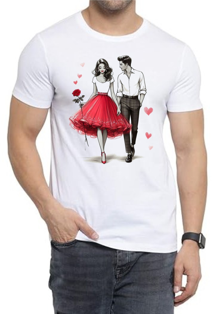 Couple Walk Round Neck Men White T-Shirt