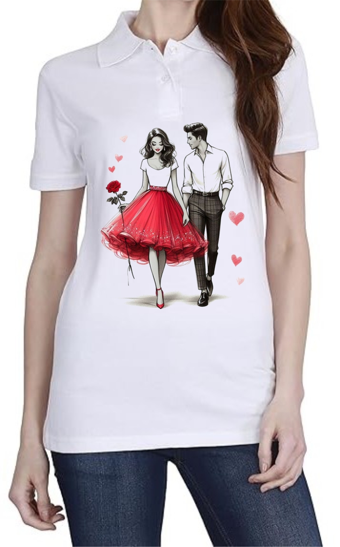 Couple Walk Polo Women White T-Shirt