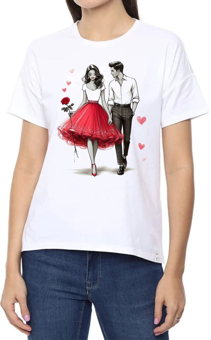 Couple Walk Round Neck Women White T-Shirt