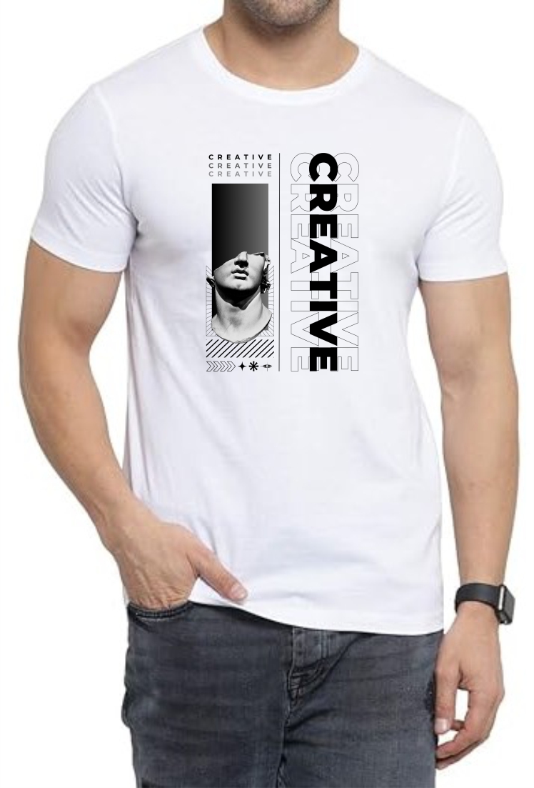 Creative (BLK) Round Neck Men White T-Shirt