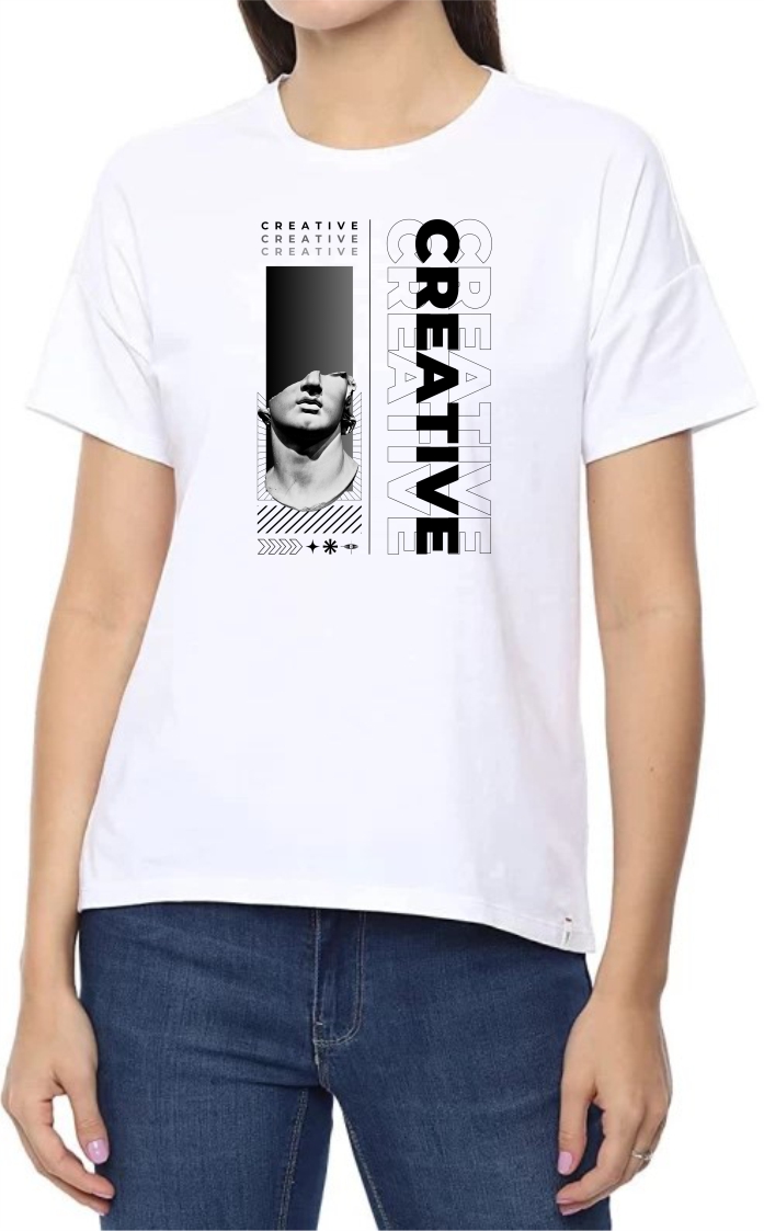 Creative (BLK) Round Neck Women White T-Shirt