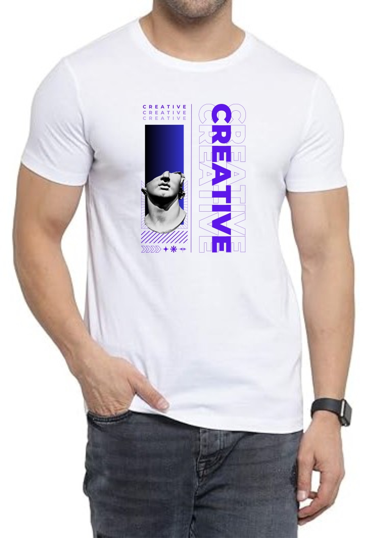 Creative (BLU) Round Neck Men White T-Shirt