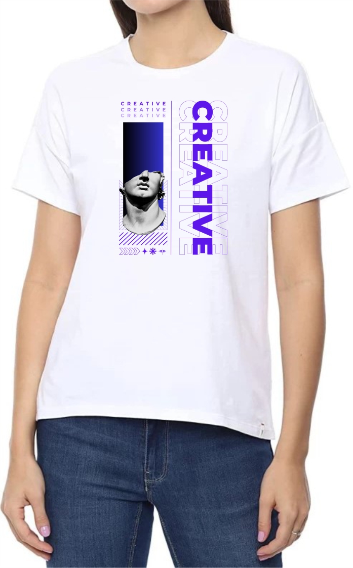 Creative (BLU) Round Neck Women White T-Shirt