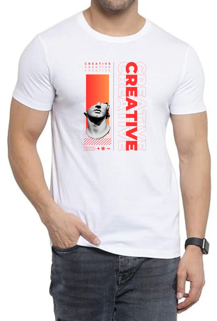 Creative (RED) Round Neck Men White T-Shirt