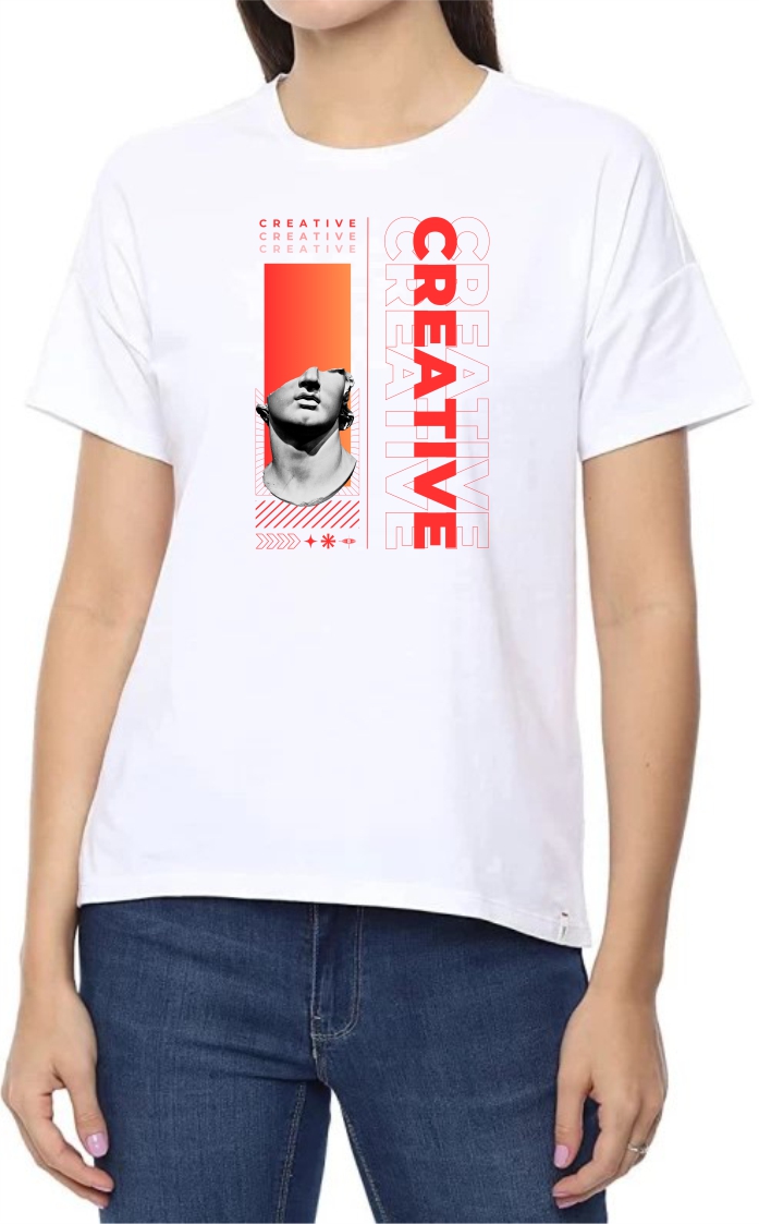 Creative (RED) Round Neck Women White T-Shirt