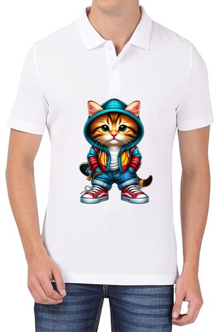 Cute Cat Polo Men White T-Shirt