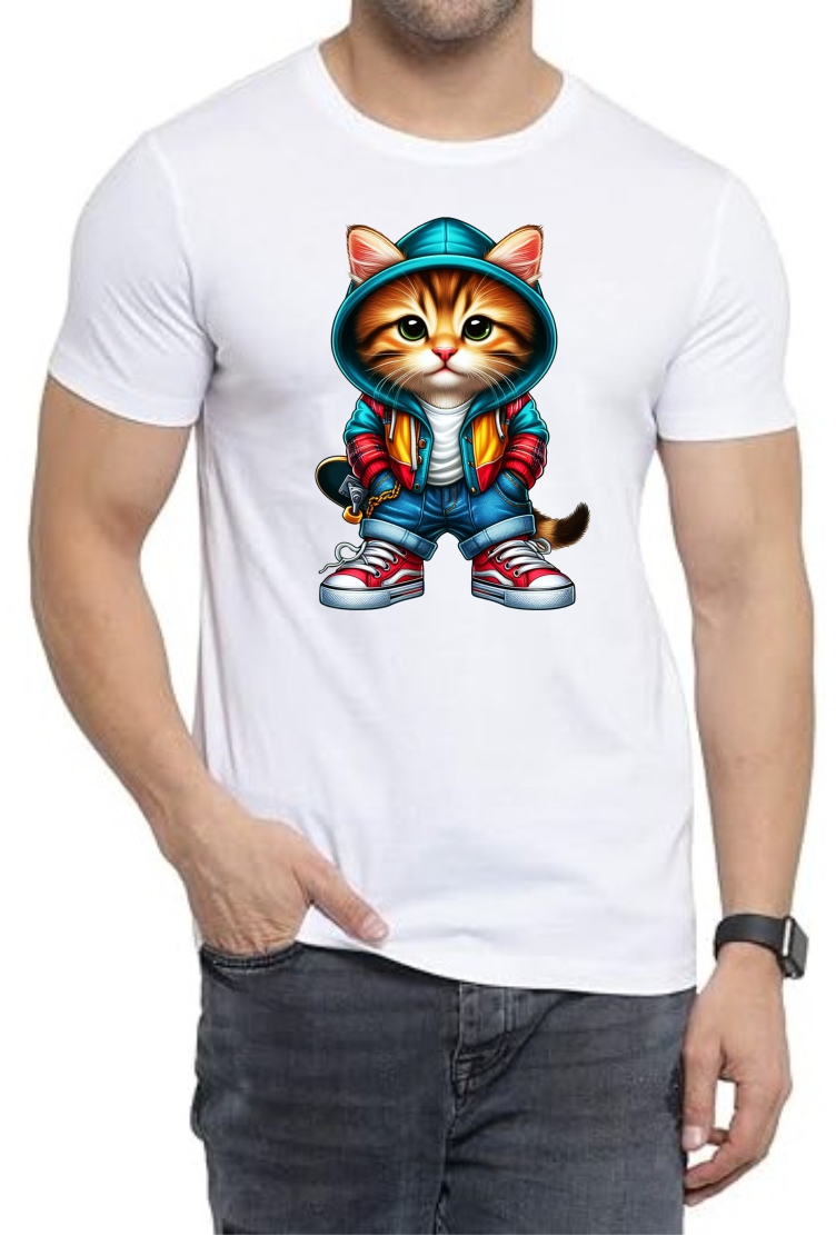 Cute Cat Round Neck Men White T-Shirt