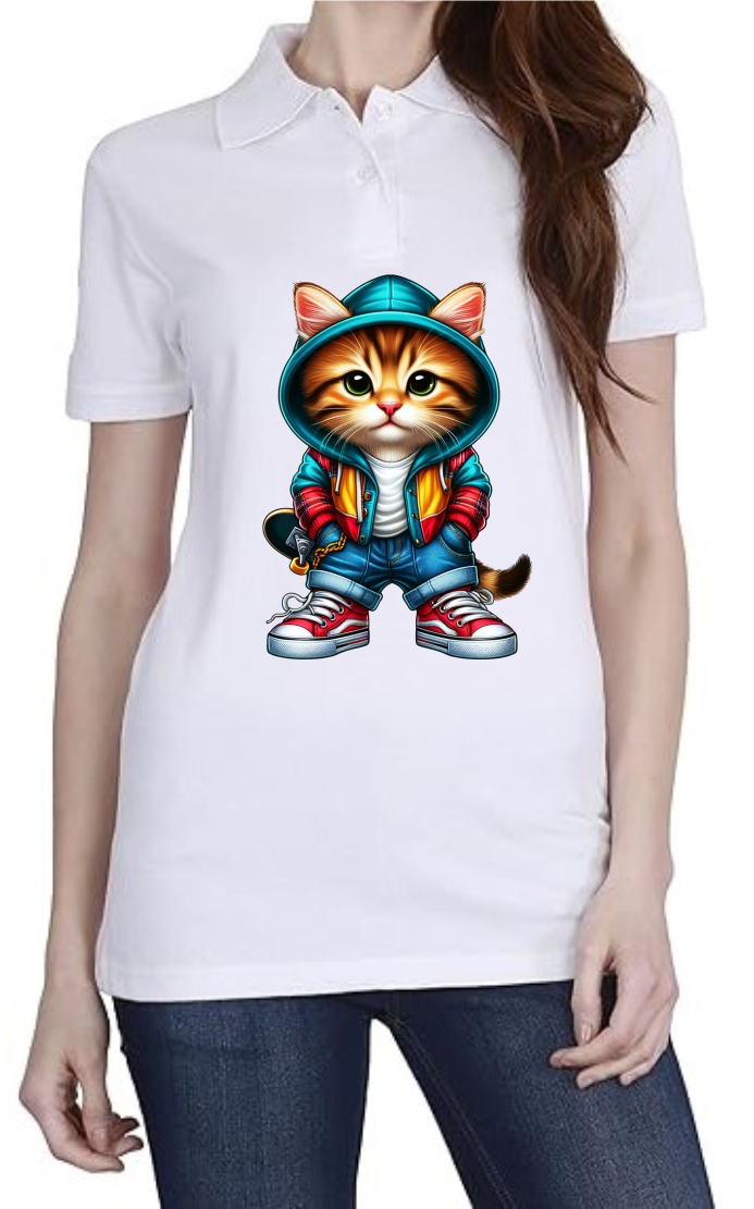 Cute Cat Polo Women White T-Shirt
