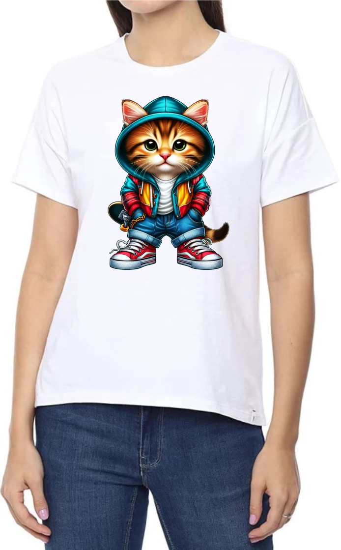 Cute Cat Round Neck Women White T-Shirt
