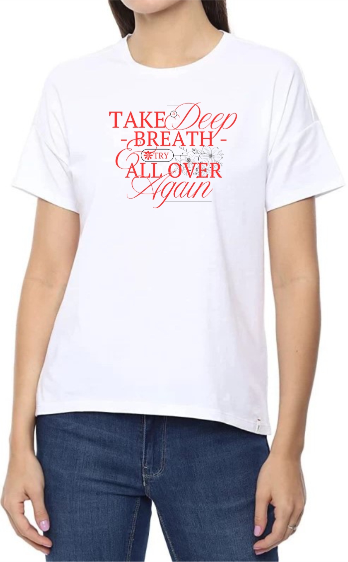 Deep Breath (RED) Round Neck Women White T-Shirt