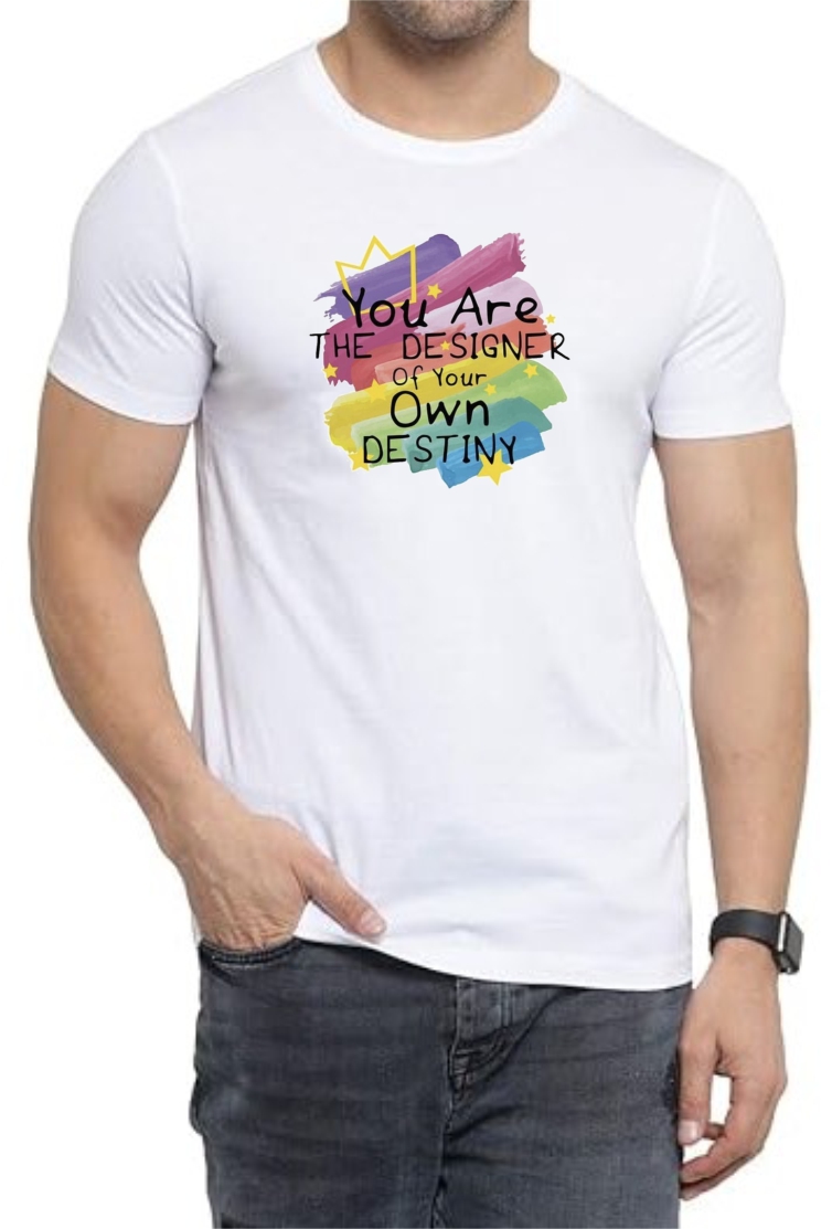 Designer Destiny Round Neck Men White T-Shirt