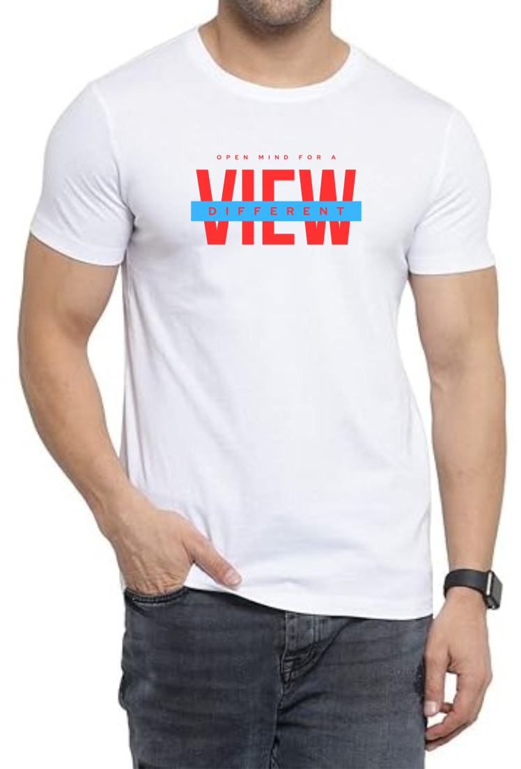 Different View (RED) Round Neck Men White T-Shirt
