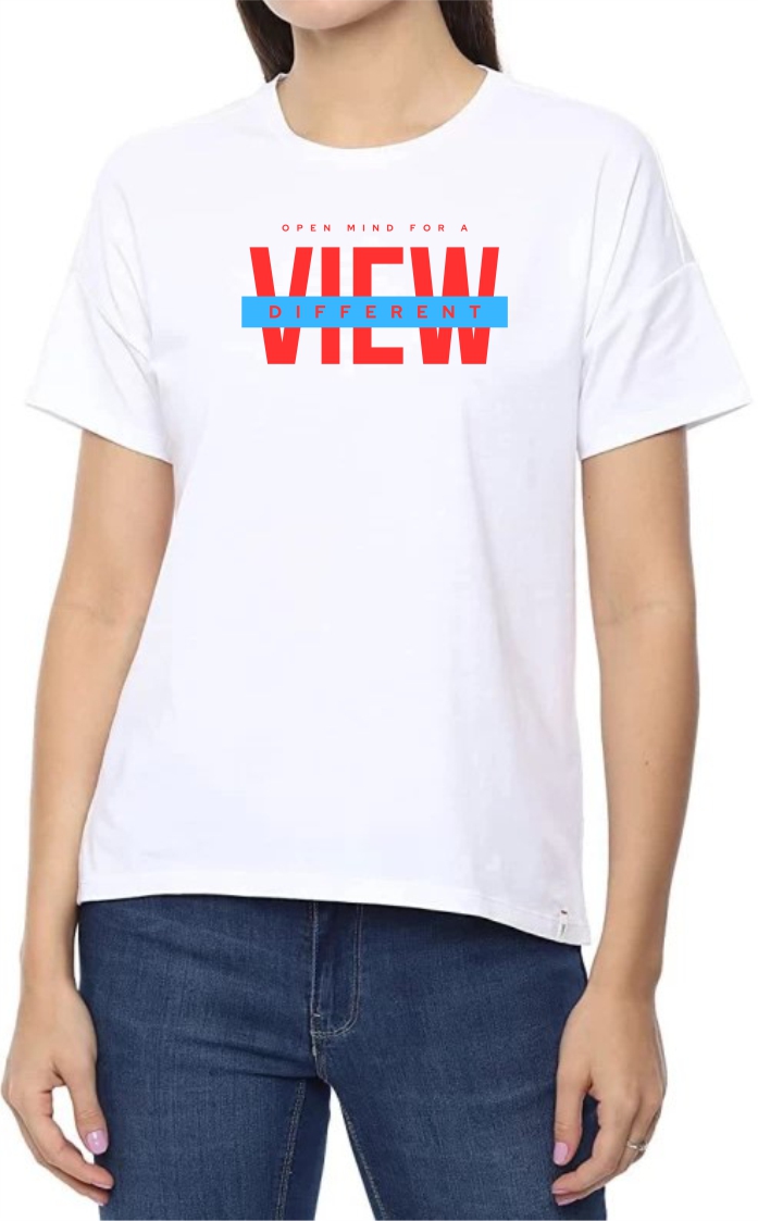 Different View (RED) Round Neck Women White T-Shirt